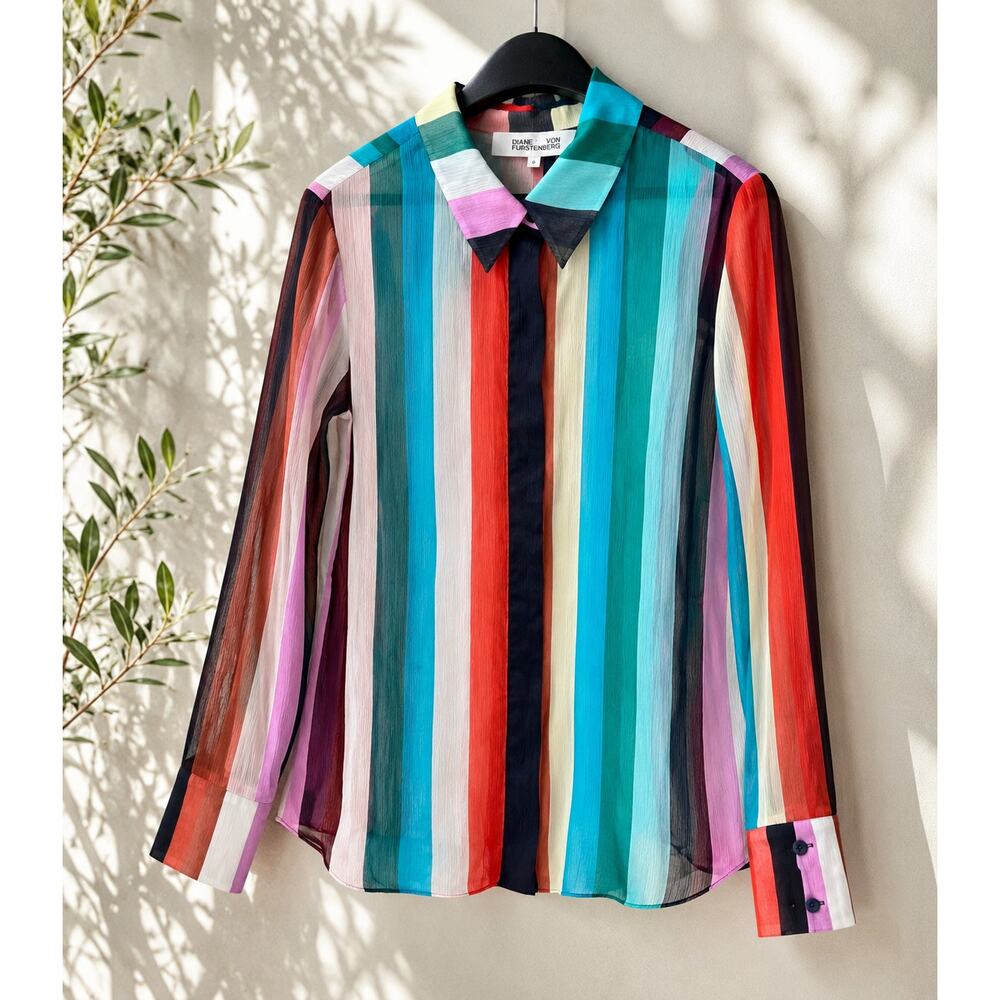 Diane von Furstenberg Sheer Multicolor Striped Button Up Blouse